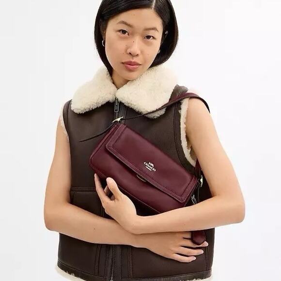 NWT Coach Etta Small Flap Shoulder Bag CCV63 Smooth leather Maroon - Picture 9 of 13